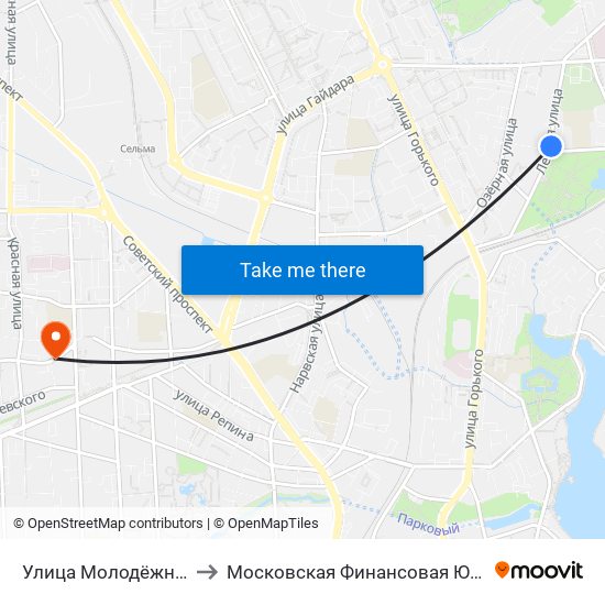 Улица Молодёжная (Из Центра) to Московская Финансовая Юридическая Академия map