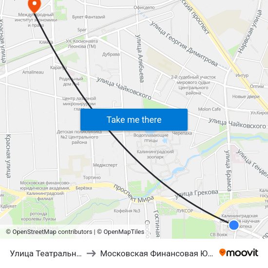 Улица Театральная (Из Центра) to Московская Финансовая Юридическая Академия map