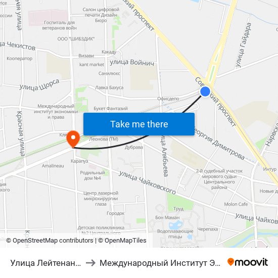 Улица Лейтенанта Яналова to Международный Институт Экономики и Права map