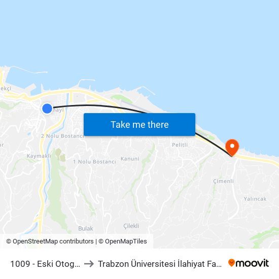 1009 - Eski Otogar-1 to Trabzon Üniversitesi İlahiyat Fakültesi map