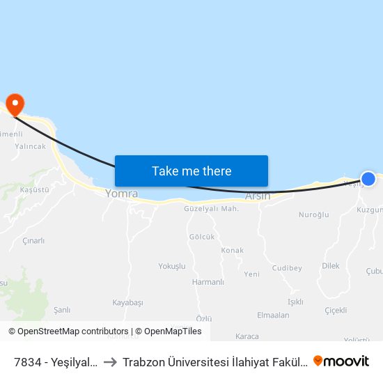 7834 - Yeşilyalı-2 to Trabzon Üniversitesi İlahiyat Fakültesi map