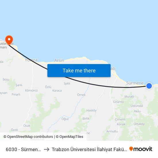 6030 - Sürmene-6 to Trabzon Üniversitesi İlahiyat Fakültesi map