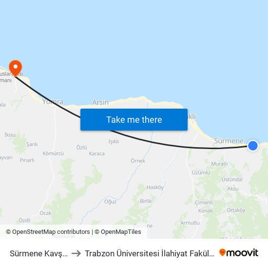 Sürmene Kavşak to Trabzon Üniversitesi İlahiyat Fakültesi map