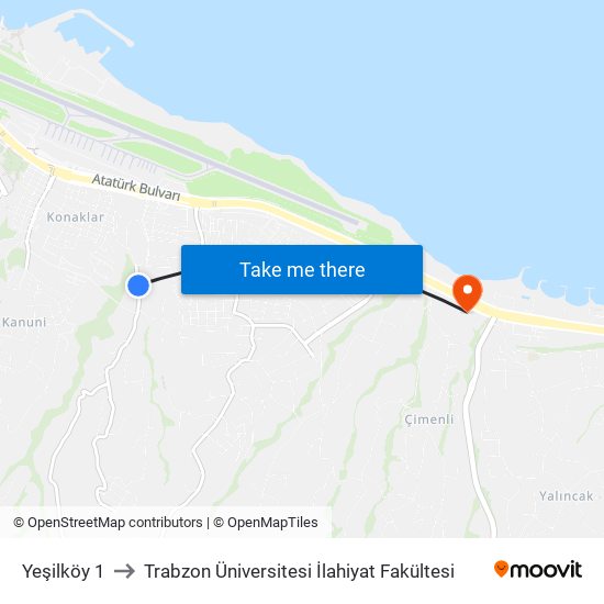 Yeşilköy 1 to Trabzon Üniversitesi İlahiyat Fakültesi map