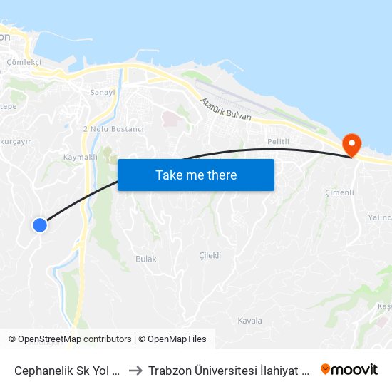 Cephanelik Sk Yol Ayrımı to Trabzon Üniversitesi İlahiyat Fakültesi map