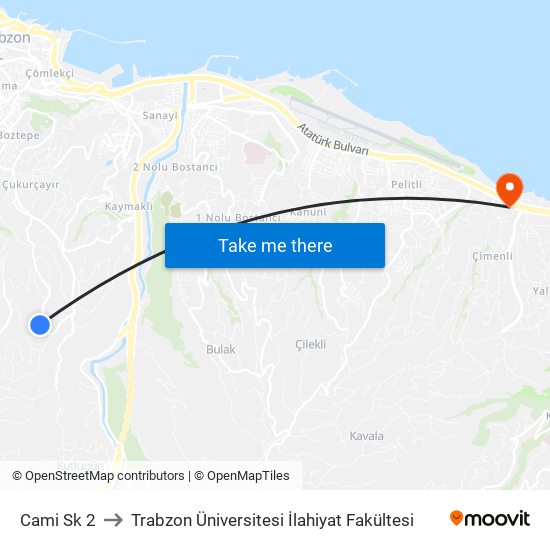 Cami Sk 2 to Trabzon Üniversitesi İlahiyat Fakültesi map