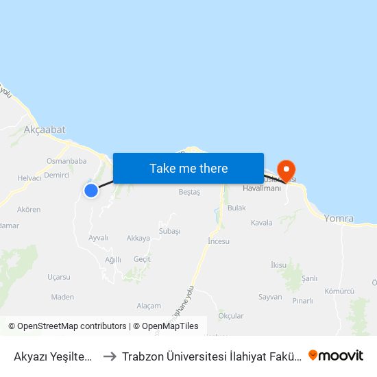 Akyazı Yeşiltepe8 to Trabzon Üniversitesi İlahiyat Fakültesi map