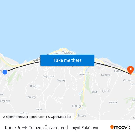 Konak 6 to Trabzon Üniversitesi İlahiyat Fakültesi map