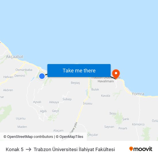 Konak 5 to Trabzon Üniversitesi İlahiyat Fakültesi map