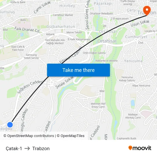 Çatak-1 to Trabzon map