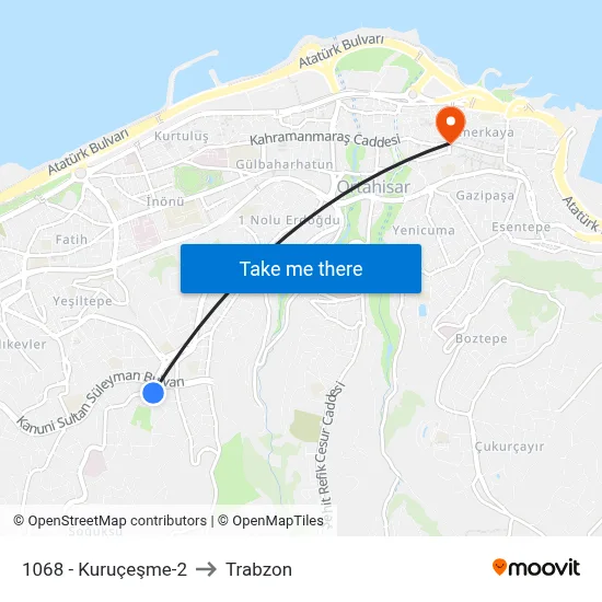 1068 - Kuruçeşme-2 to Trabzon map