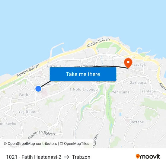 1021 - Fatih Hastanesi-2 to Trabzon map