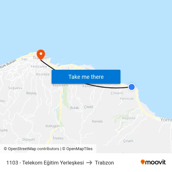 1103 - Telekom Eğitim Yerleşkesi to Trabzon map