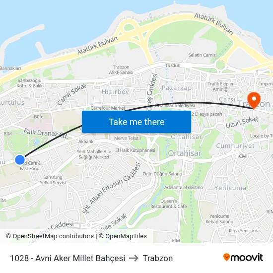 1028 - Avni Aker Millet Bahçesi to Trabzon map