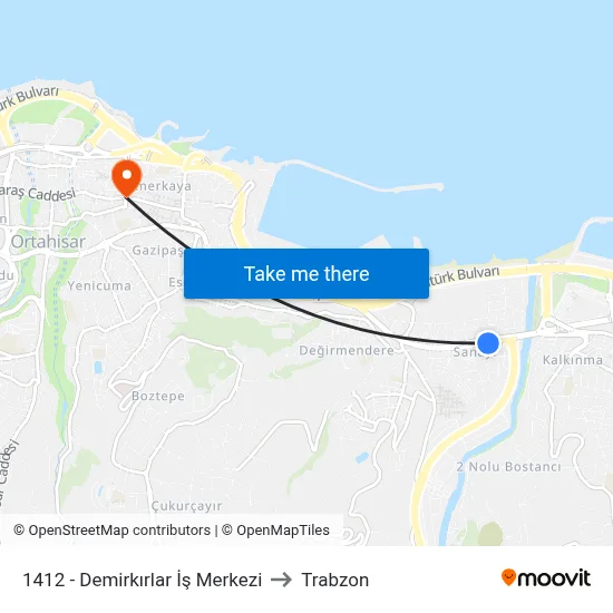 1412 - Demirkırlar İş Merkezi to Trabzon map