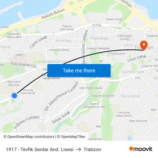 1917 - Tevfik Serdar And. Lisesi to Trabzon map