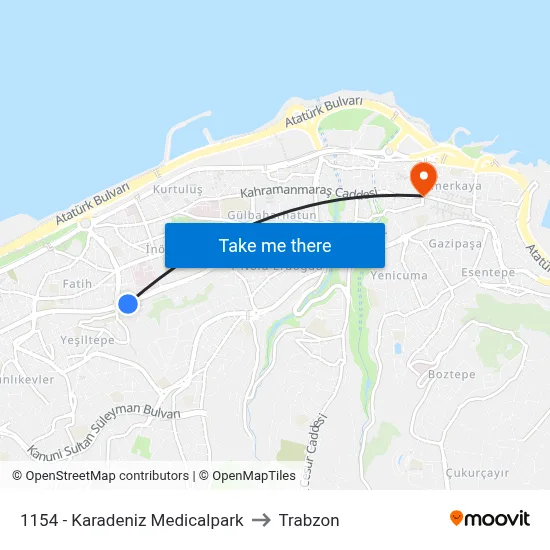 1154 - Karadeniz Medicalpark to Trabzon map