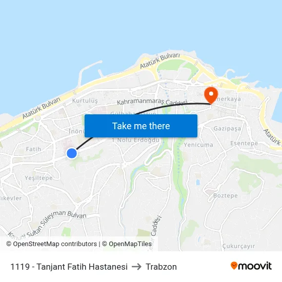 1119 - Tanjant Fatih Hastanesi to Trabzon map