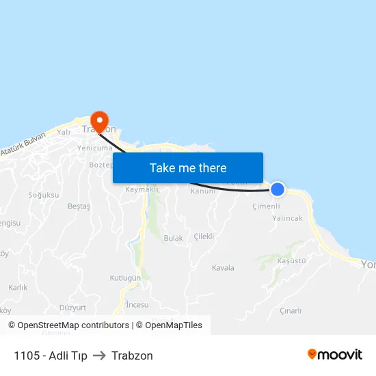 1105 - Adli Tıp to Trabzon map