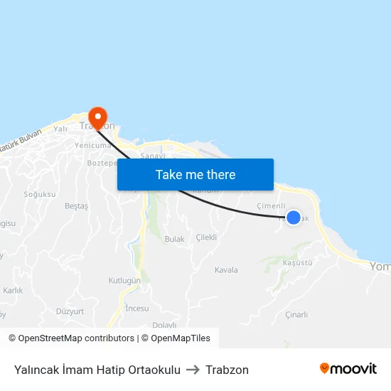 Yalıncak İmam Hatip Ortaokulu to Trabzon map