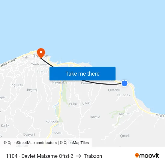 1104 - Devlet Malzeme Ofisi-2 to Trabzon map