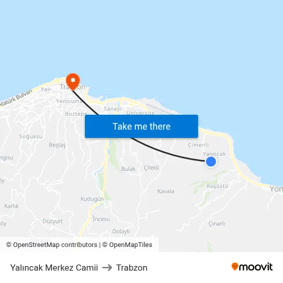 Yalıncak Merkez Camii to Trabzon map