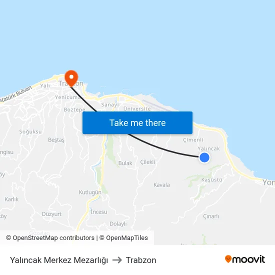 Yalıncak Merkez Mezarlığı to Trabzon map