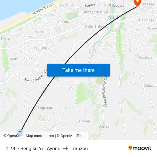1190 - Bengisu Yol Ayrımı to Trabzon map