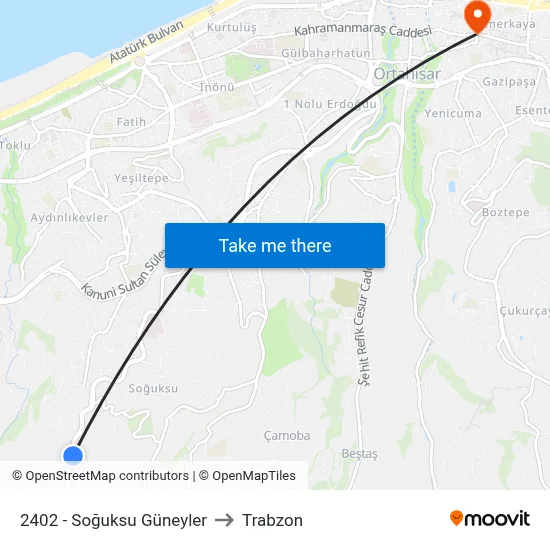 2402 - Soğuksu Güneyler to Trabzon map