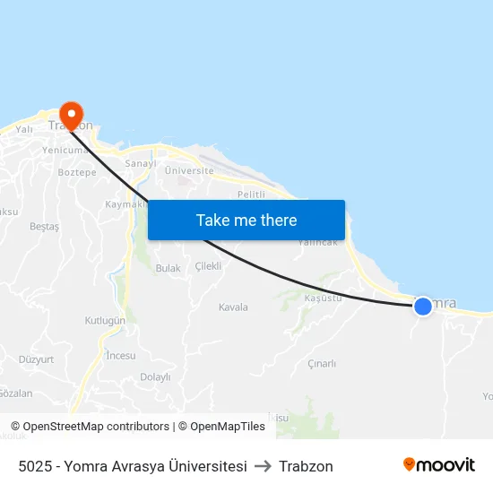5025 - Yomra Avrasya Üniversitesi to Trabzon map