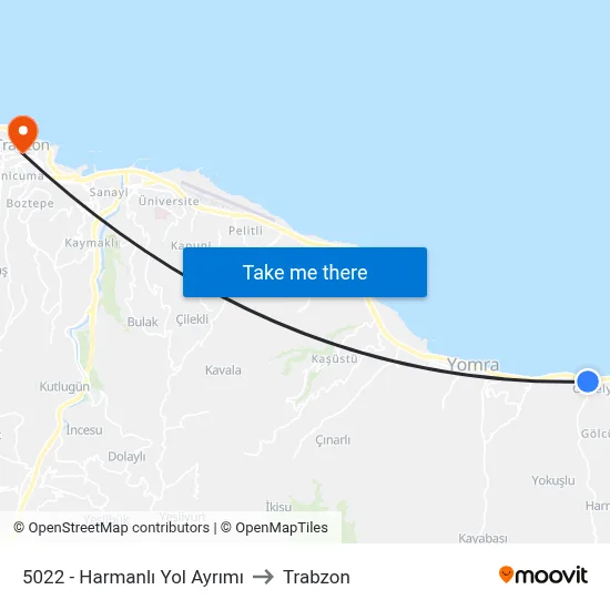 5022 - Harmanlı Yol Ayrımı to Trabzon map