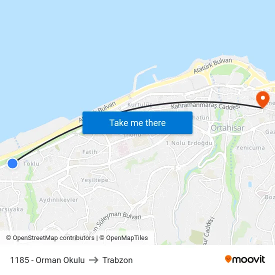 1185 - Orman Okulu to Trabzon map