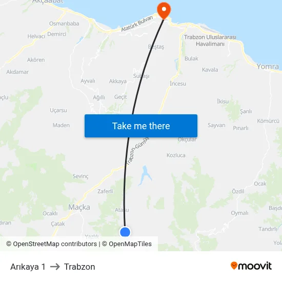 Arıkaya 1 to Trabzon map