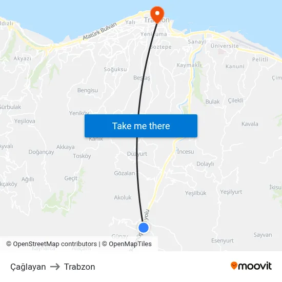 Çağlayan to Trabzon map