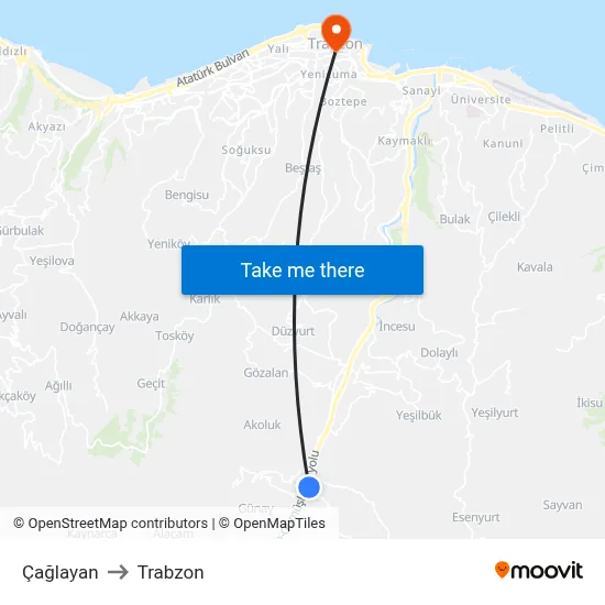 Çağlayan to Trabzon map