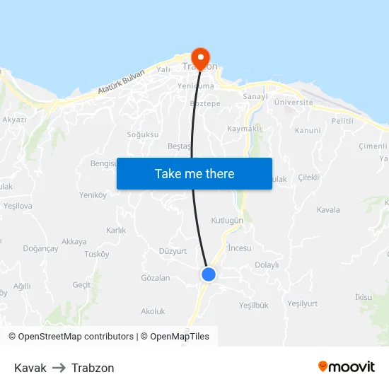 Kavak to Trabzon map