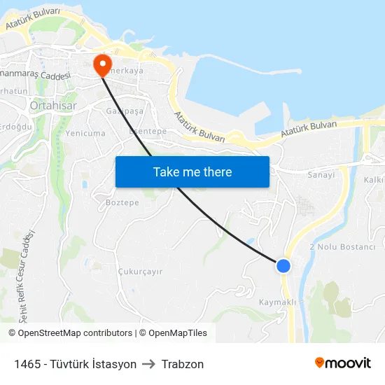 1465 - Tüvtürk İstasyon to Trabzon map