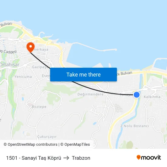 1501 - Sanayi Taş Köprü to Trabzon map