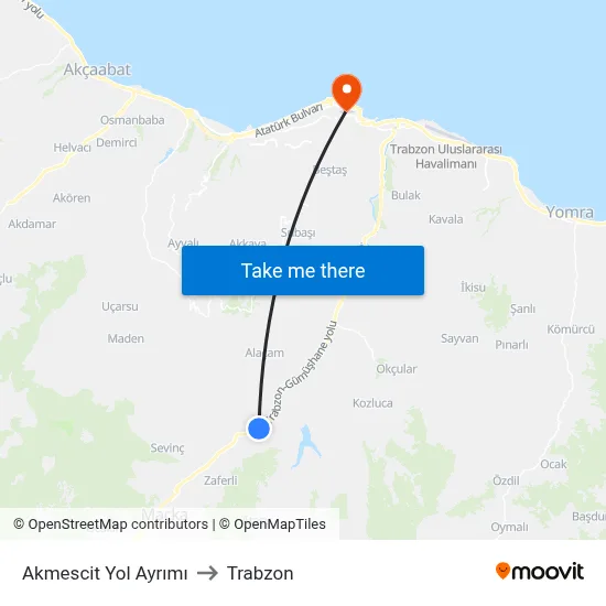 Akmescit Yol Ayrımı to Trabzon map