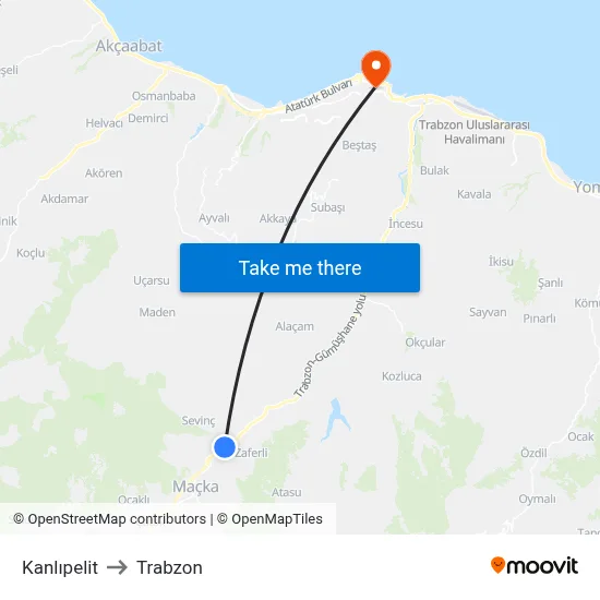 Kanlıpelit to Trabzon map