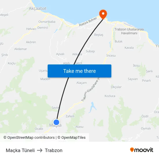 Maçka Tüneli to Trabzon map