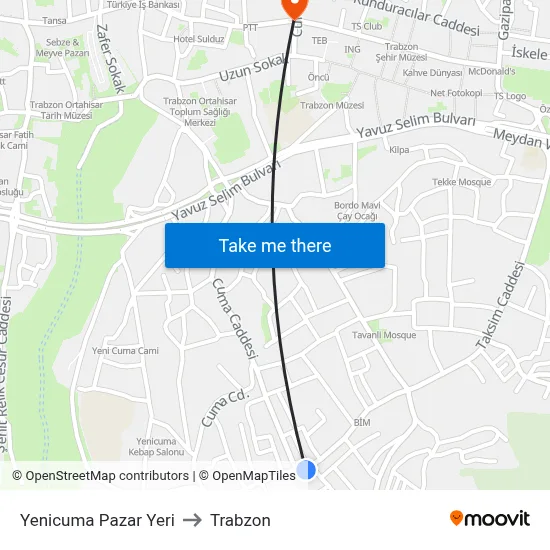 Yenicuma Pazar Yeri to Trabzon map