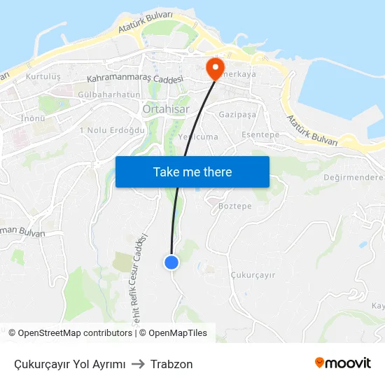 Çukurçayır Yol Ayrımı to Trabzon map