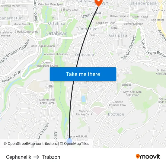 Cephanelik to Trabzon map