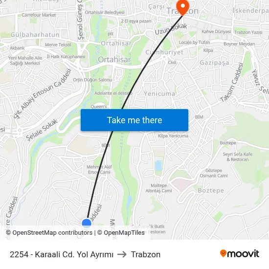2254 - Karaali Cd. Yol Ayrımı to Trabzon map