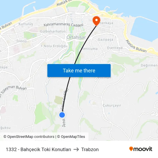 1332 - Bahçecik Toki Konutları to Trabzon map