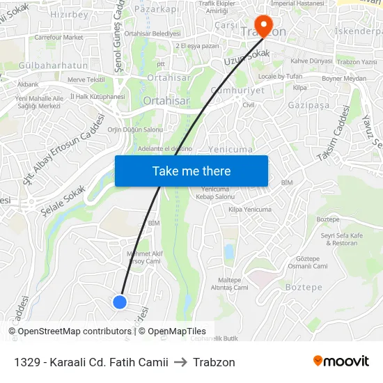 1329 - Karaali Cd. Fatih Camii to Trabzon map