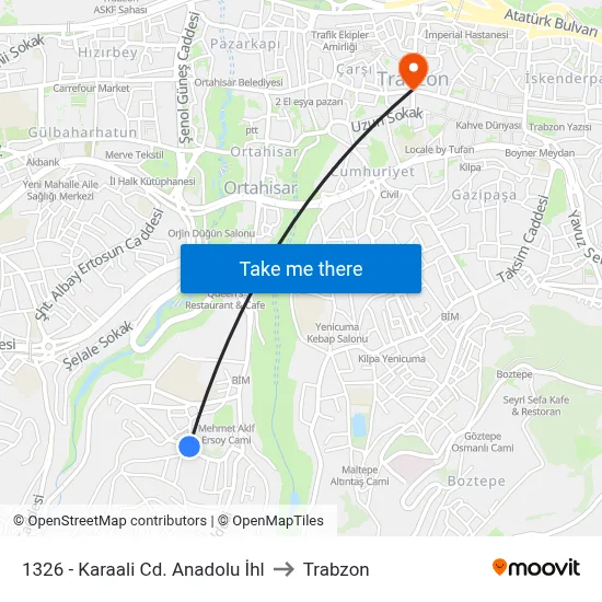 1326 - Karaali Cd. Anadolu İhl to Trabzon map