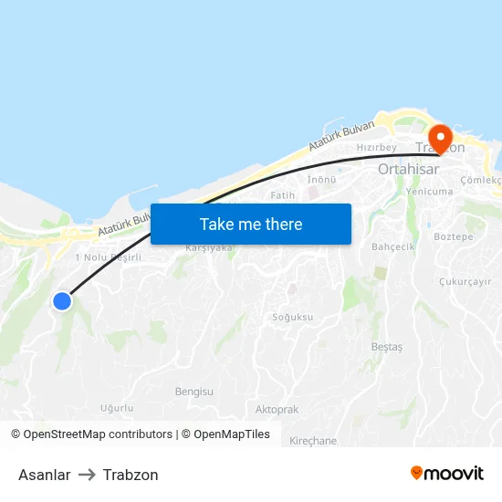 Asanlar to Trabzon map