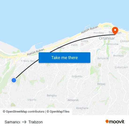 Samancı to Trabzon map